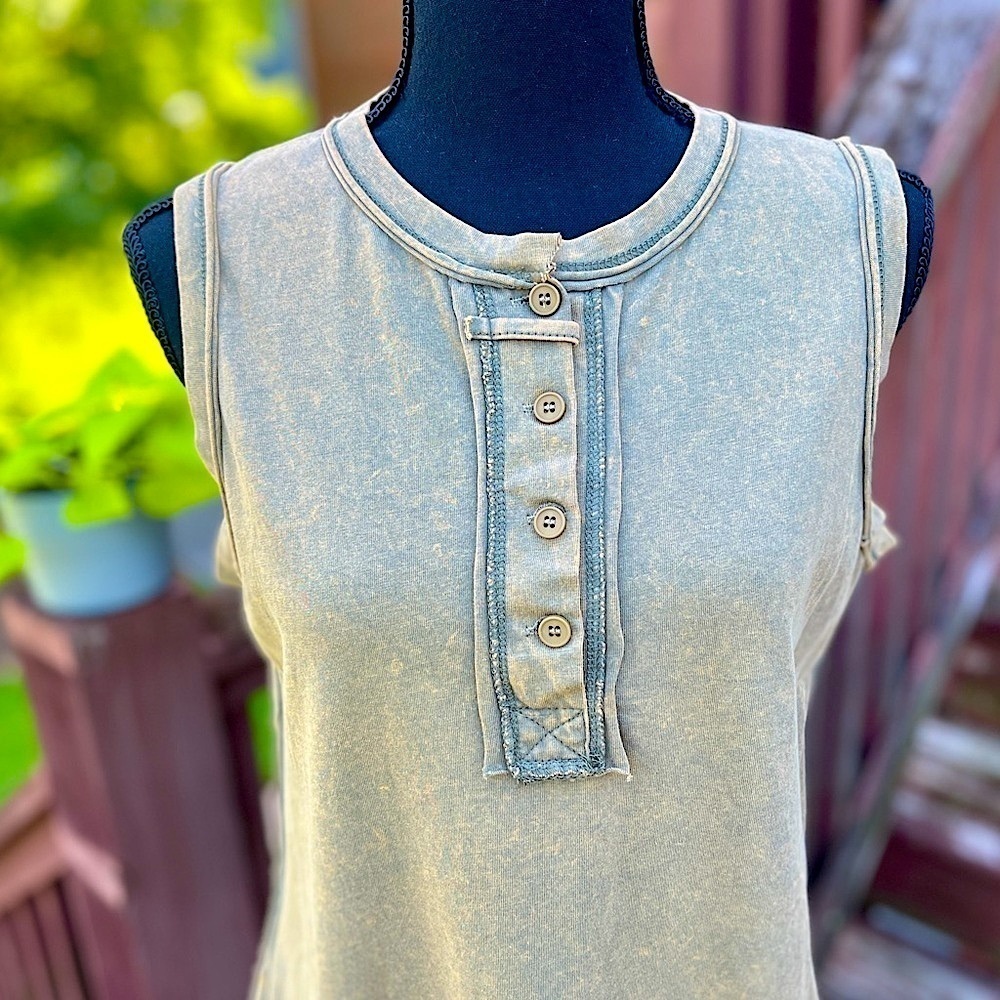 Acid Wash Henley Tank Top Green Yellow Medium